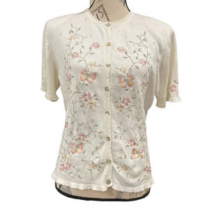 Vintage 90s Alfred Dunner‎ Button Sweater Embroidered Floral Grandma Sz PM